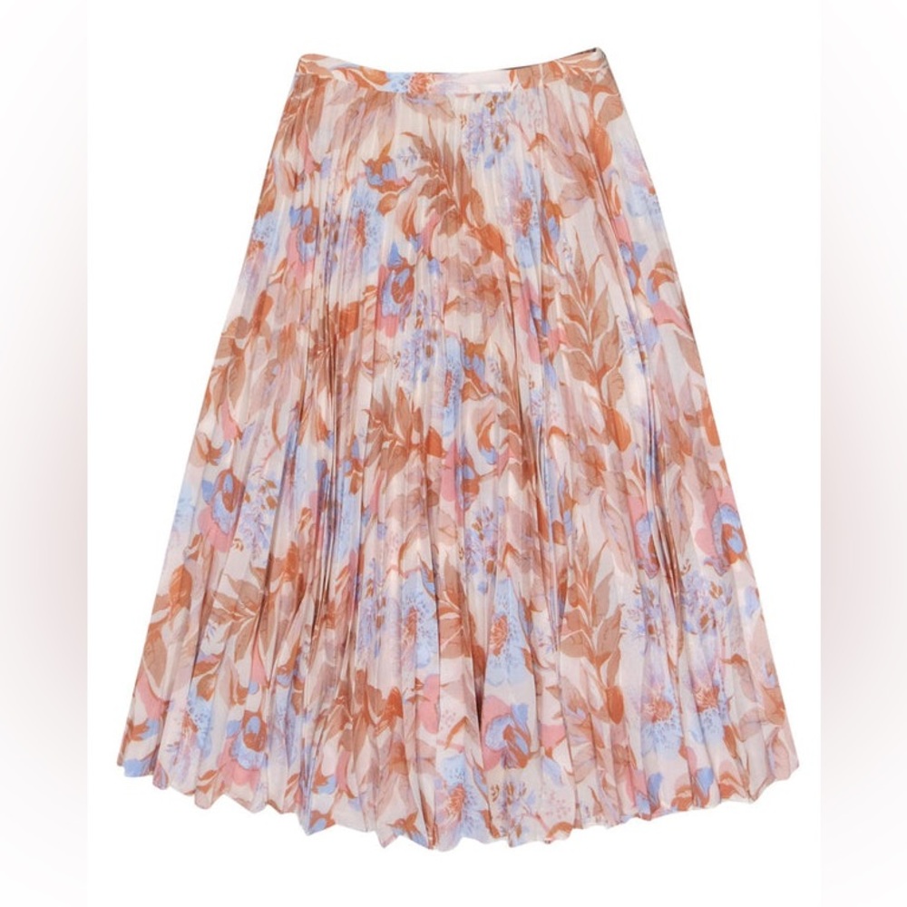 Vince Light Pink & Blue Floral Print Pleated Midi Skirt